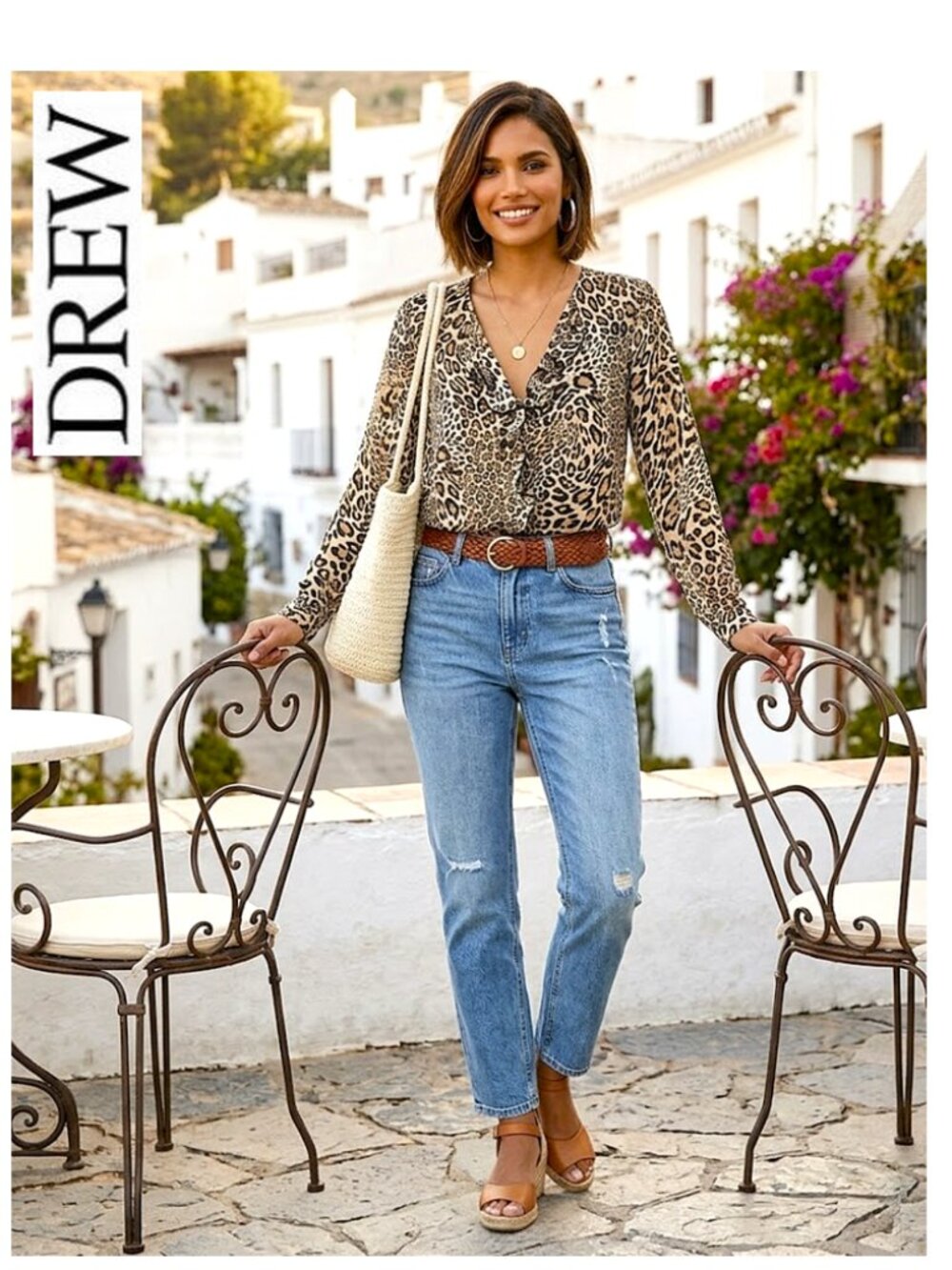 (3 for $30) DREW - Long sleeve leopard print ruffle detailed blouse